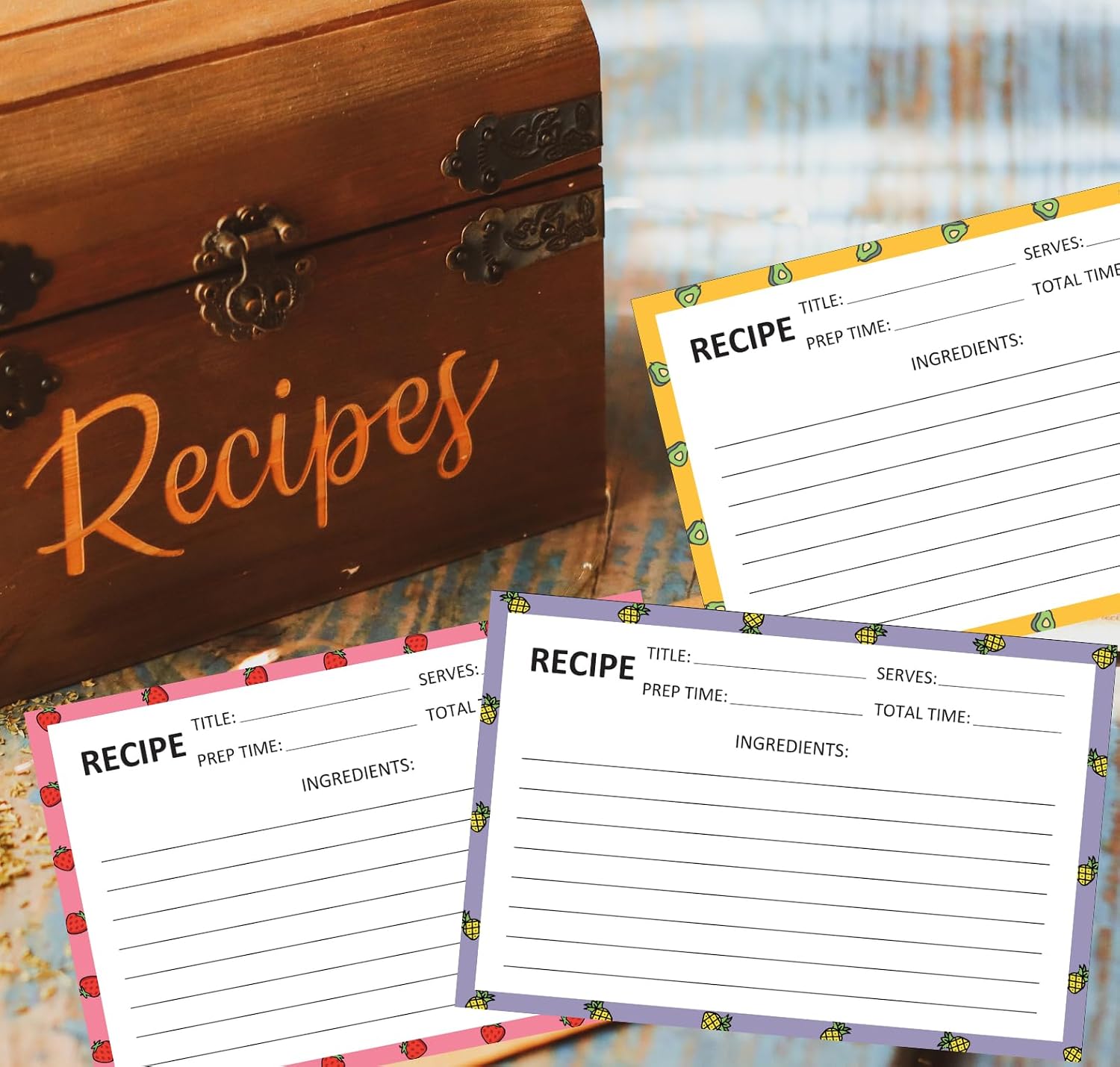 Recipe Cards 50 PCS 4x6inch Double Sided Thick Card Stock Original 5 Fruit Design Fit with Recipe Binder Recipe Box Gift for Bridal Shower Wedding Housewarming