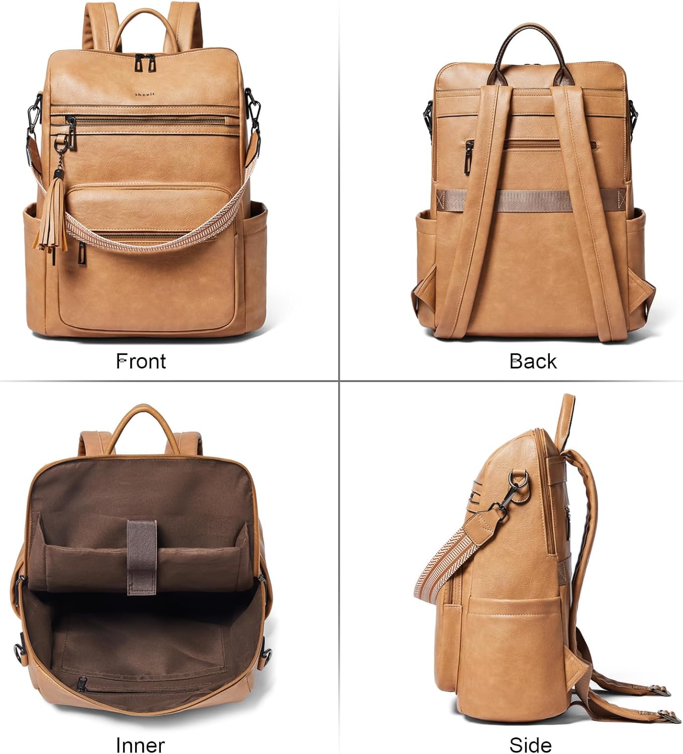 Shrrie 15.6 inch Laptop Backpack for Women,Large Leather Purse,Travel Backpacks Carry on,Water Resistant Casual Laptop Backpacks,College Backpack,Work Backpack for Women,Two-tone Camel Brown