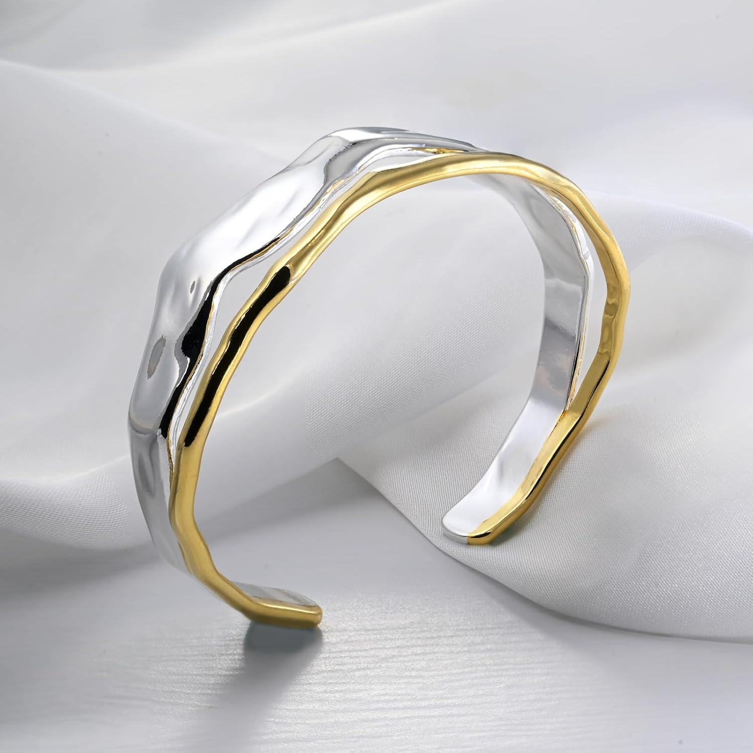 Chunky Gold and Silver Cuff Bracelets Sterling Silver Two Tone Open Bangles Double Layer Irregular Wave Hammered Texture Bracelet for Women - Image 6