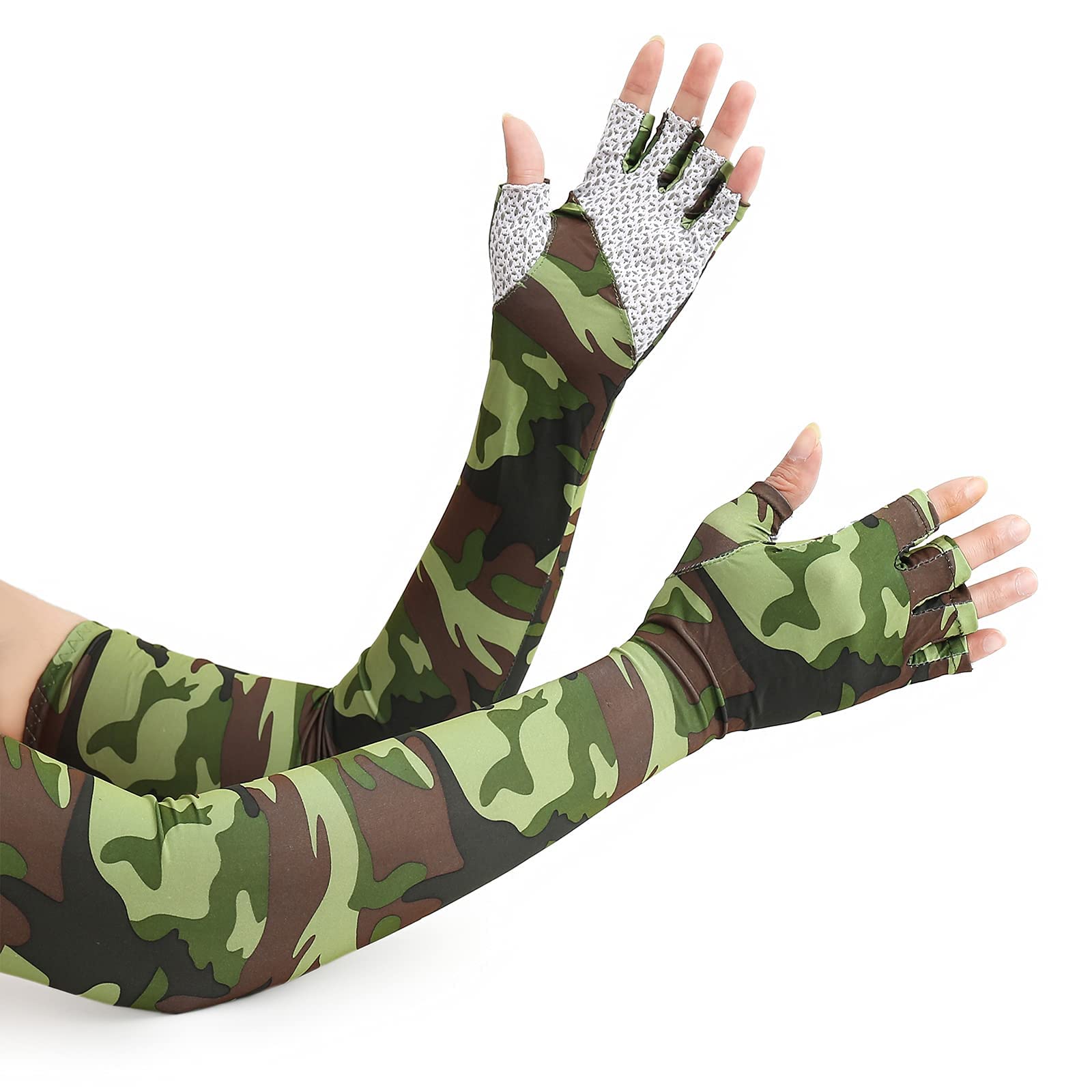 KASTWAVE Sun Protection Arm Sleeves, Camouflage Sun UV Protection Sleeves Outdoor Non-Slip Half Finger Riding Gloves Breathable High Elastic Fishing Sleeve (1 Pair, Green)