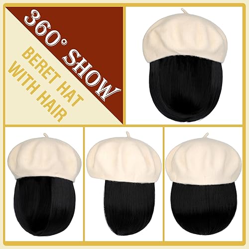 Miniatura 2 de Gorro de boina con extensiones de cabello, sombrero clásico de lana francesa adjunta, 12 pulgadas, lacio, corto, Bob sintético, para mujer, negro