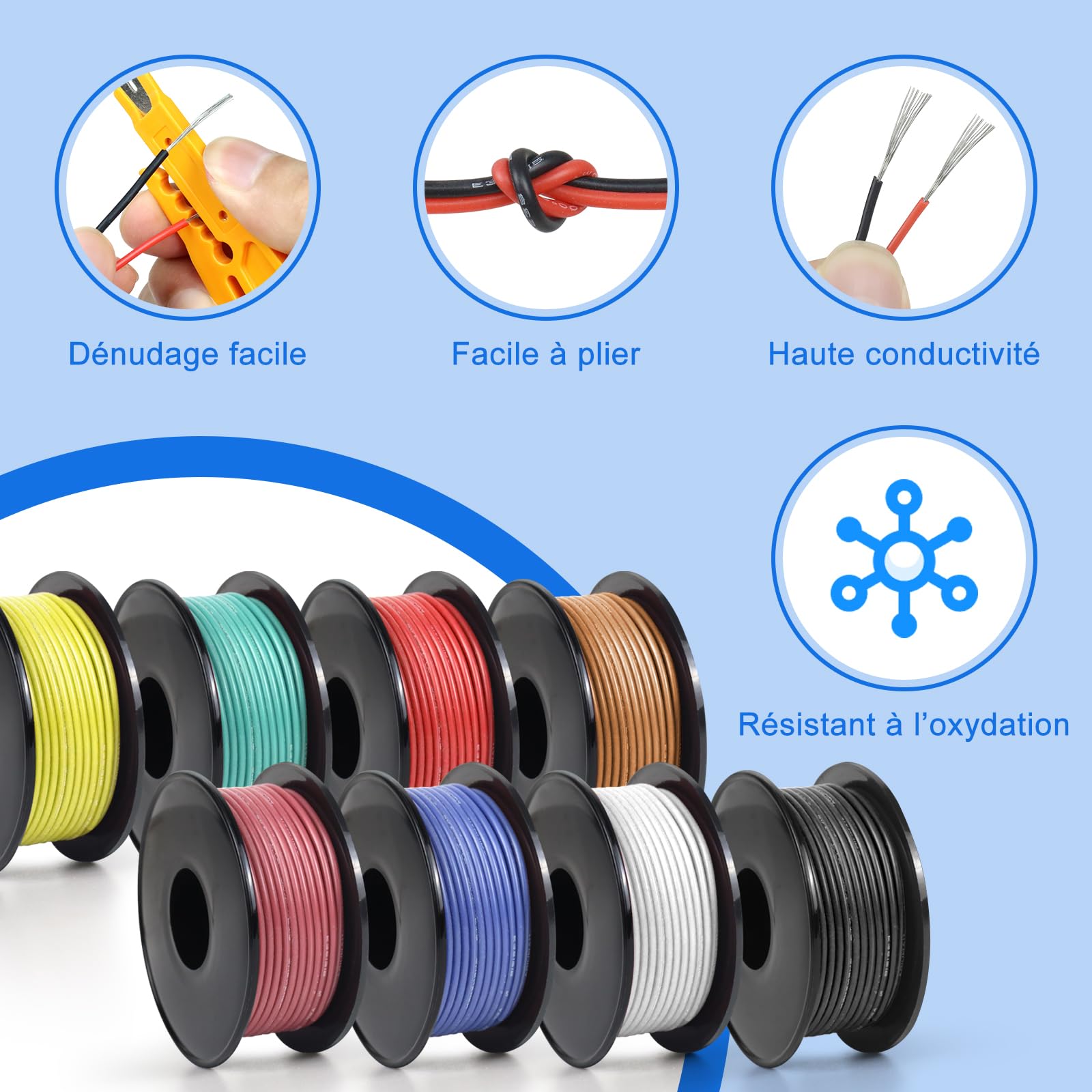 Lot de Câbles Électriques en Silicone 18 AWG 0,75mm², 8 Couleurs, 5 Mètres par Rouleau, Cuivre Étamé Flexible, Idéal pour DIY, Véhicules et Installations Domestiques