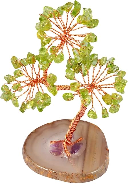 mookaitedecor Natural Peridot Tumbled Stones Money Tree,Gemstone Feng Shui Ornaments Healing Crystal Tree Figurines,Agate Slice Geode Quartz Stand
