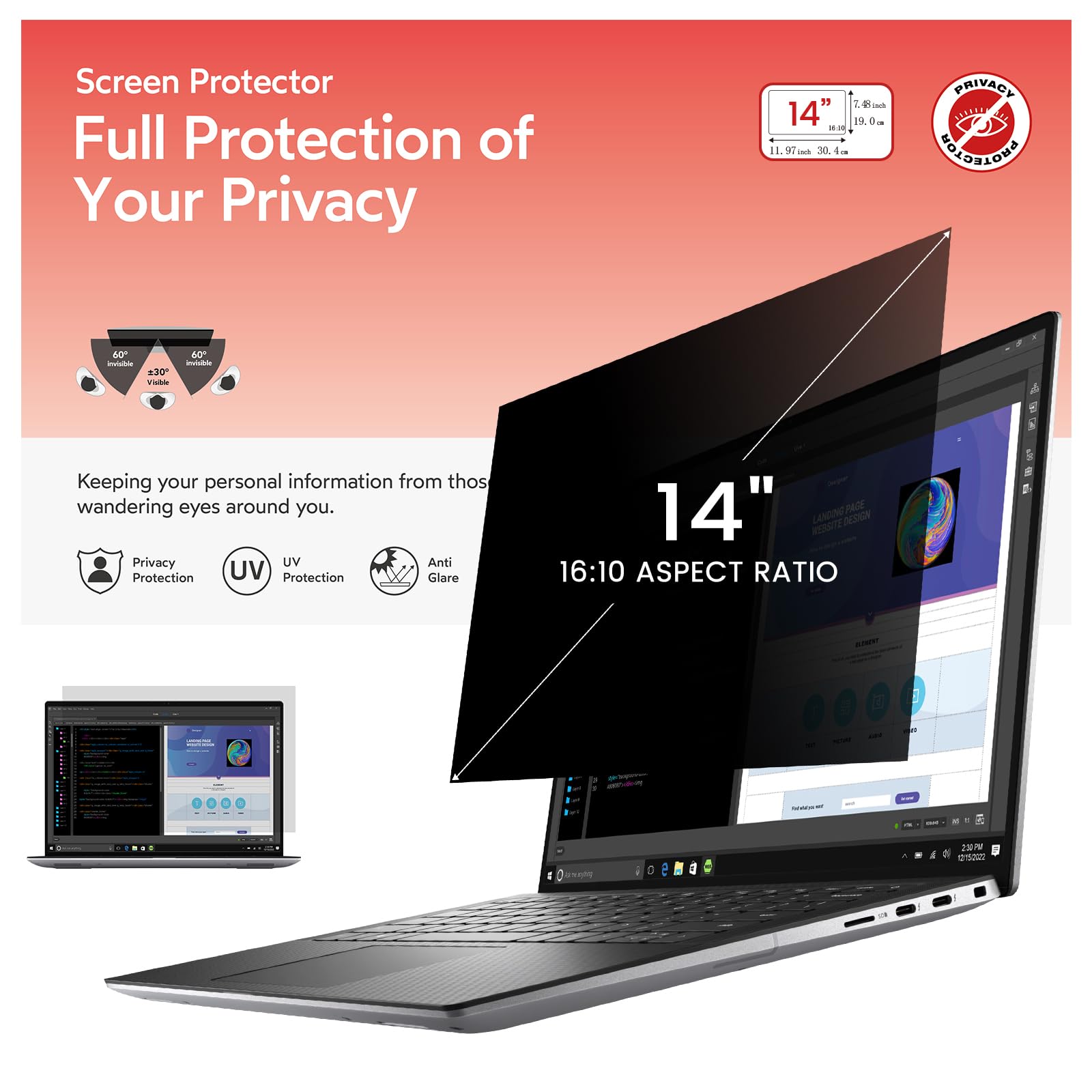 bersem 14 Inch Laptop Privacy Screen for 16:10 Ratio Computer Monitor