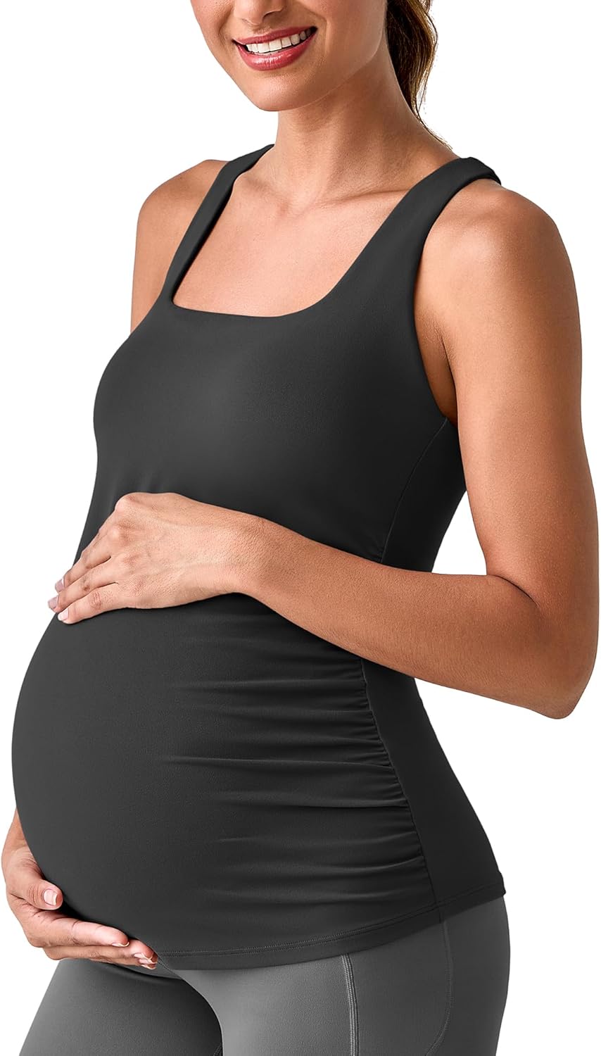 G4Free BareFeel Maternity Racerback Tank Tops with Built in Bra Ruched Sleeveless Square Neck Pregnancy Yoga Workout Shirts
