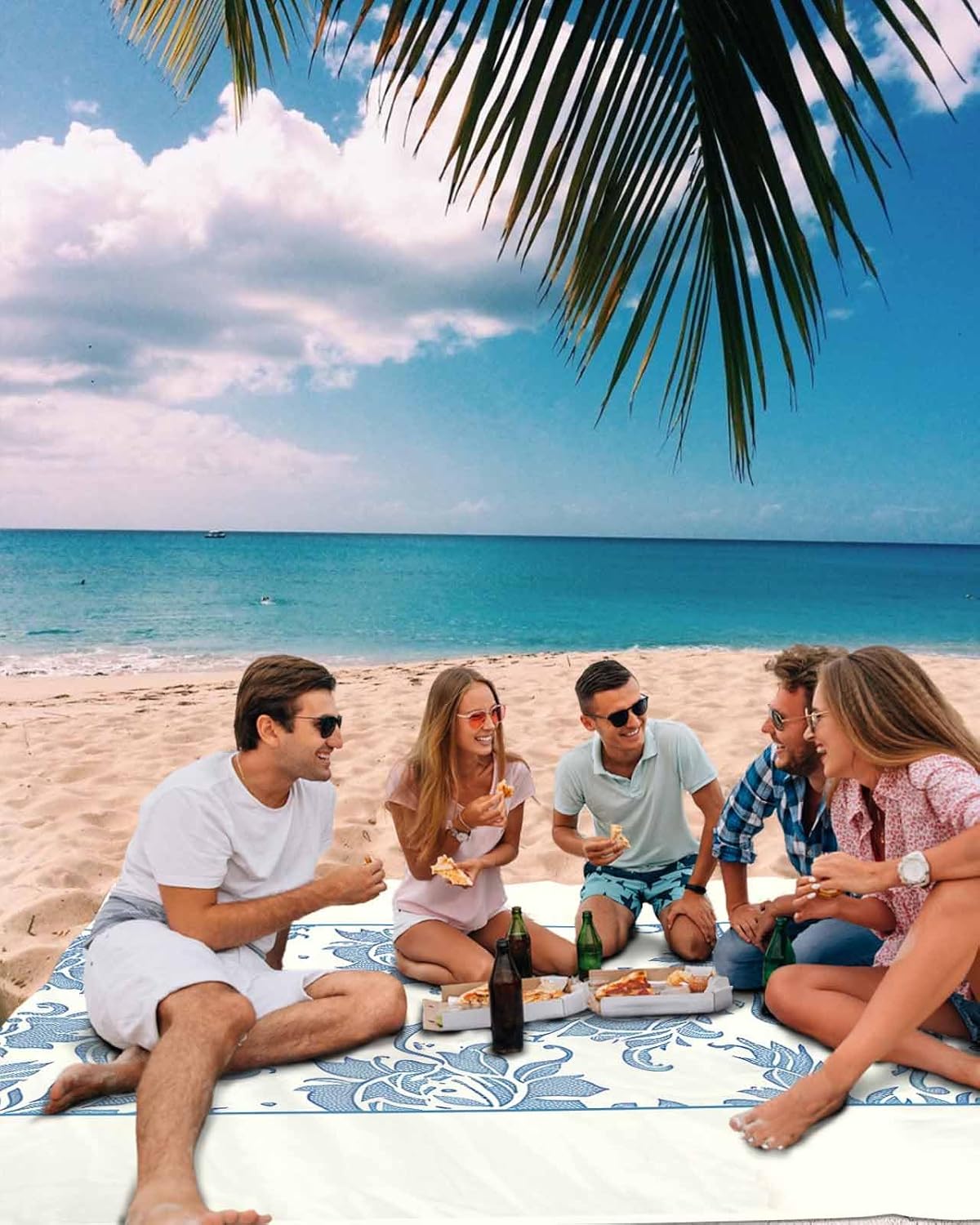 Abstract Ethnic Tribal Flower Texture Beach Blanket Waterproof Sandproof Outdoor Picnic Mat 108"x84" Vintage Blue Floral on White Lightweight Large Beach Blankets with 4 Stake & 4 Corner Pockets