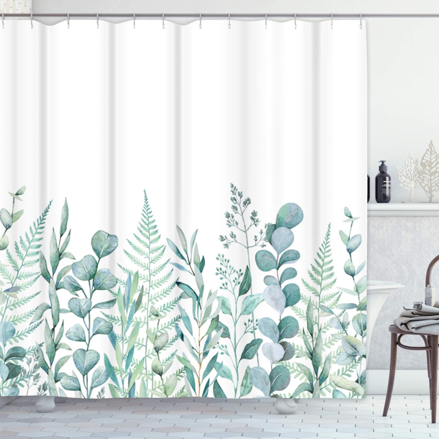 Emvency Fabric Shower Curtain Curtain with Hooks Green Eucalyptus Watercolor Floral Pattern Botanical Artistic Border Botany Bouquet Branch Christmas Clip 60"X72" Waterproof Decorative Bathroom