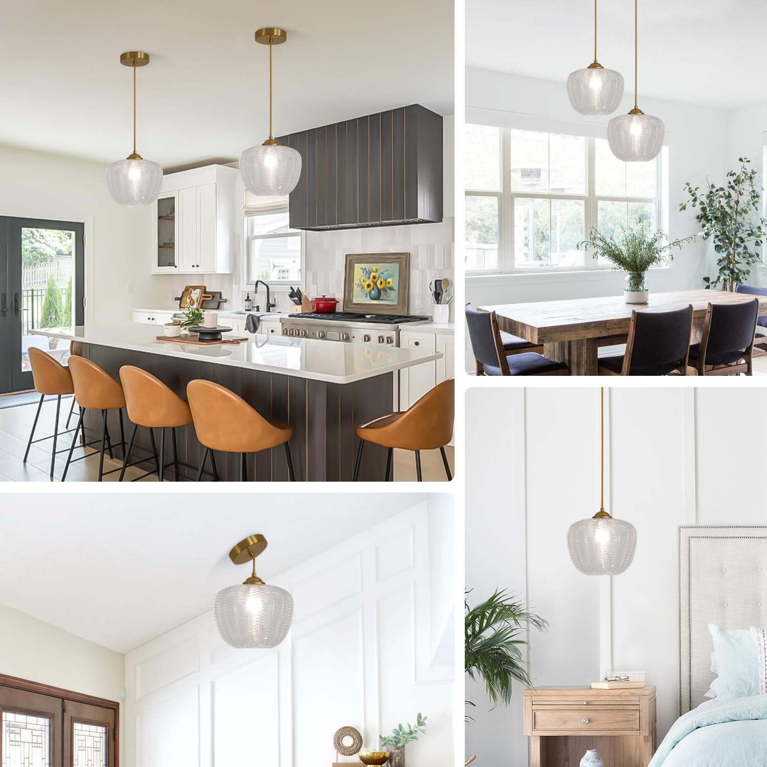 1 Light Vintage Gold Pendant Lights Kitchen Island Modern Large Ribbed Clear Glass Pendant Lighting Nordic Adjustable Antique Brass Hanging Ceiling Light Fixtures for Dining Room MPL36C-C