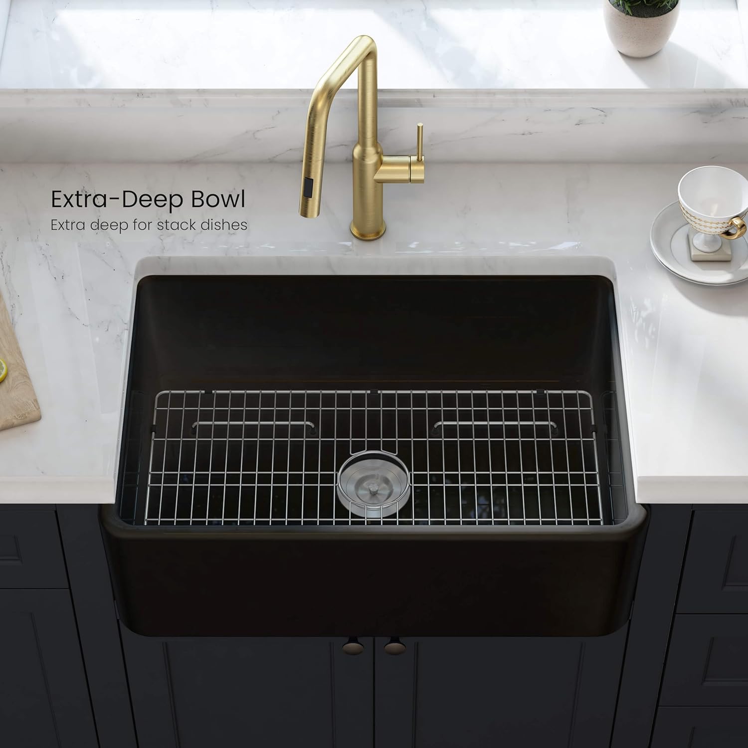 KIBI Pure Single Bowl 30 inch Fireclay Farmhouse Kitchen Sink Apron Front with Bottom Grid and Strainer | Heat Safe Glazing Sink (Matte Black, K2-SF30MB)