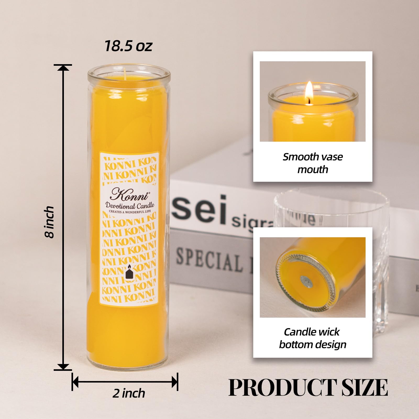 KONNI 2x8 Inch Yellow Pillar Candles in Glass Set of 3, Devotional Prayer Candle, Unscented Religious Candles, 105 Hours Emergency Long Burning, Ideal for Memorials, Vigil, Blessing