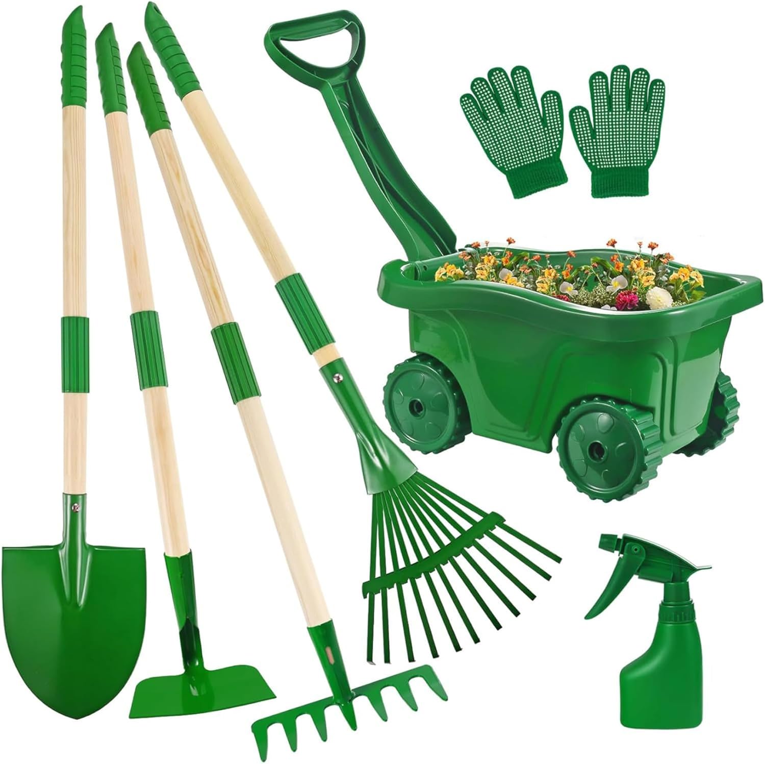 7Pcs Kids Gardening Set, Toddler Gardening Set with Wheelbarrow, Shovel, Rake and Leaf Rake, Educational Kids Garden Tools for Outdoor Backyard Play