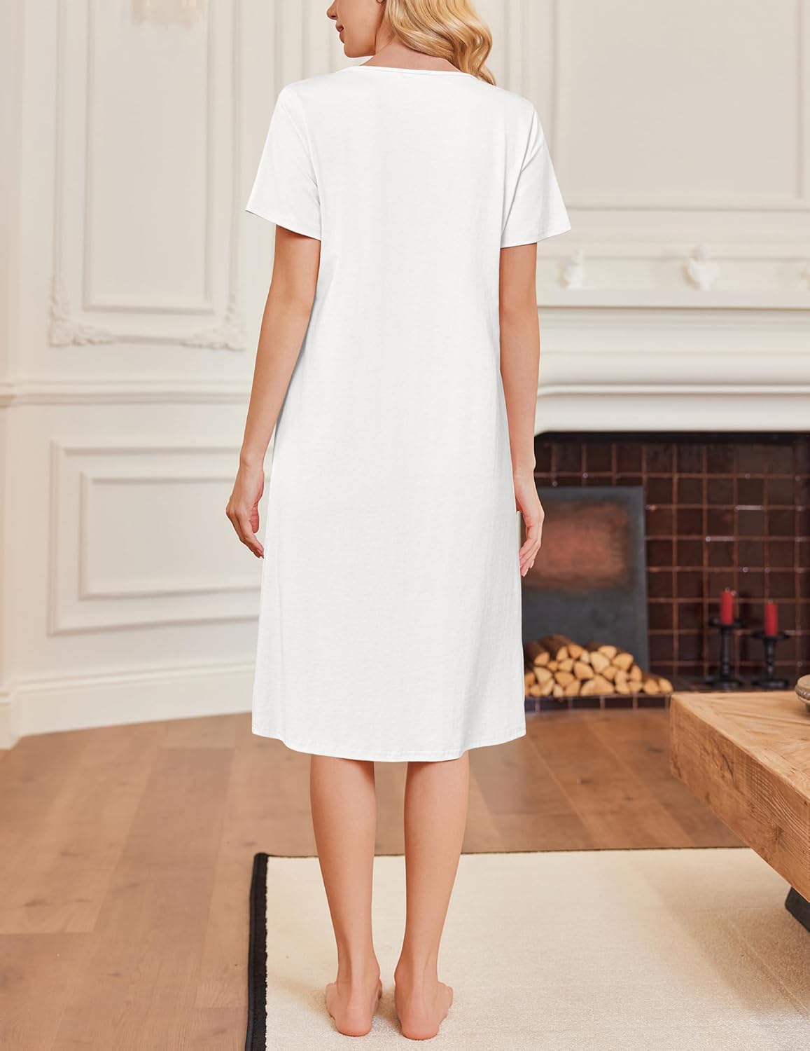 Ekouaer Cotton Nightgowns for Women Short Sleeve House Dress Pleated Night Gown Button Sleep Shirt Ladies Nightdress - Image 5