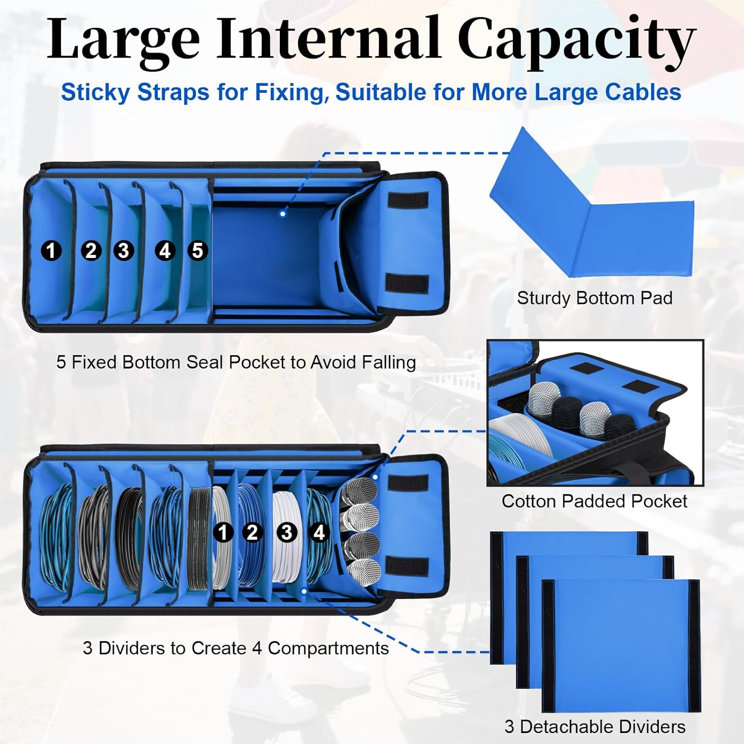 Large Dj Cable Bag with Laptop and Microphone Pocket, Dj Bag for Equipment and Music Accessories with Detachable Dividers, Bottom Pad, Dj Gig Bags for Musicians, Professional, Travel, Blue - Image 2