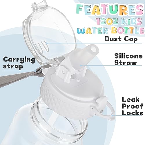 Miniatura 4 de Botella de agua de 12 oz con popote y 10 calcomanías, sin BPA, motivacionales con marcador de tiempo y medidas, sin fugas, se abre con un clic,