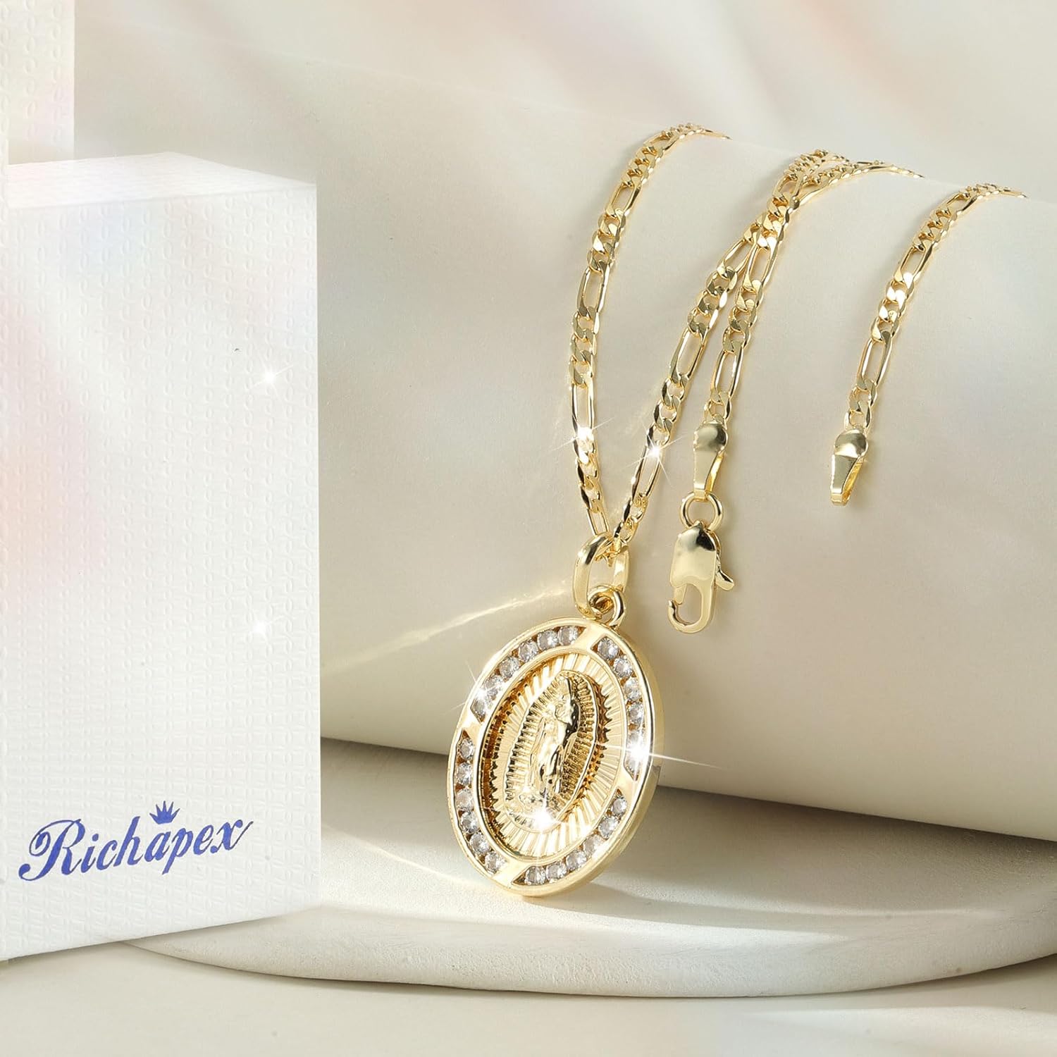 Richapex Virgin Mary Necklace for Men Women, 18K Gold Plated Copper Virgen de Guadalupe Charm Pendant, Valentine Mother's Day Our Lady Blessed Christian Catholic Gifts for Her with Jewelry Box Chain - Image 4