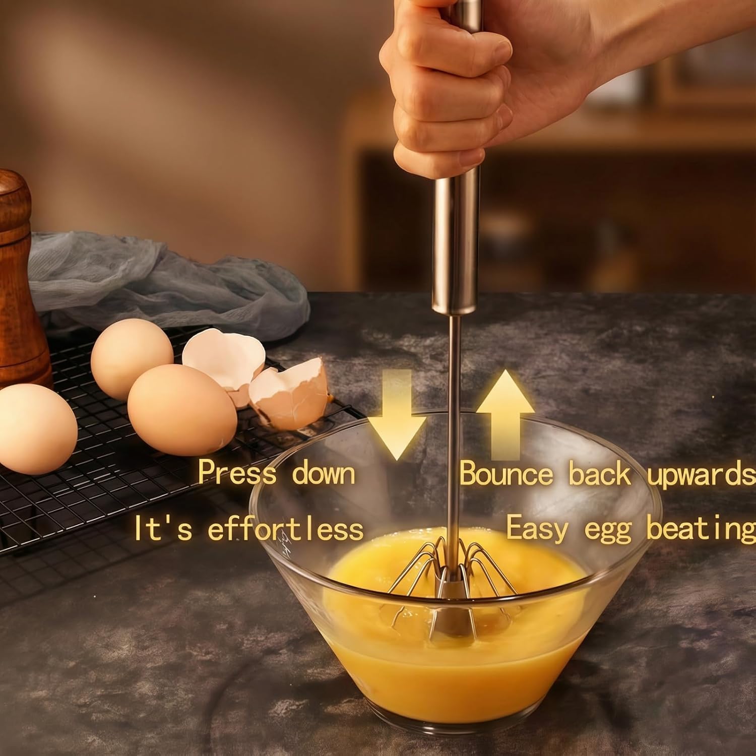 3Pcs Egg Whisk Hand Push Rotary Whisks,Semi Automatic Mixer Stirrer for Making Cream Hand Push Whisk,Beating,Whisking,Stirring,Versatile Milk Frother- Spatula for Baking Mixing - Image 3