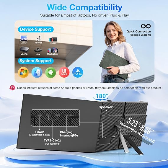 Laptop Screen Extender, Ultra-Thin 15.6 FHD 1200P 16:10 Portable Monitor for Laptop, Lightweight Dual Monitor Extender Plug & Play for 14.2-17.3 Laptops, Compatible with Wins/Mac/Chrome/Linux