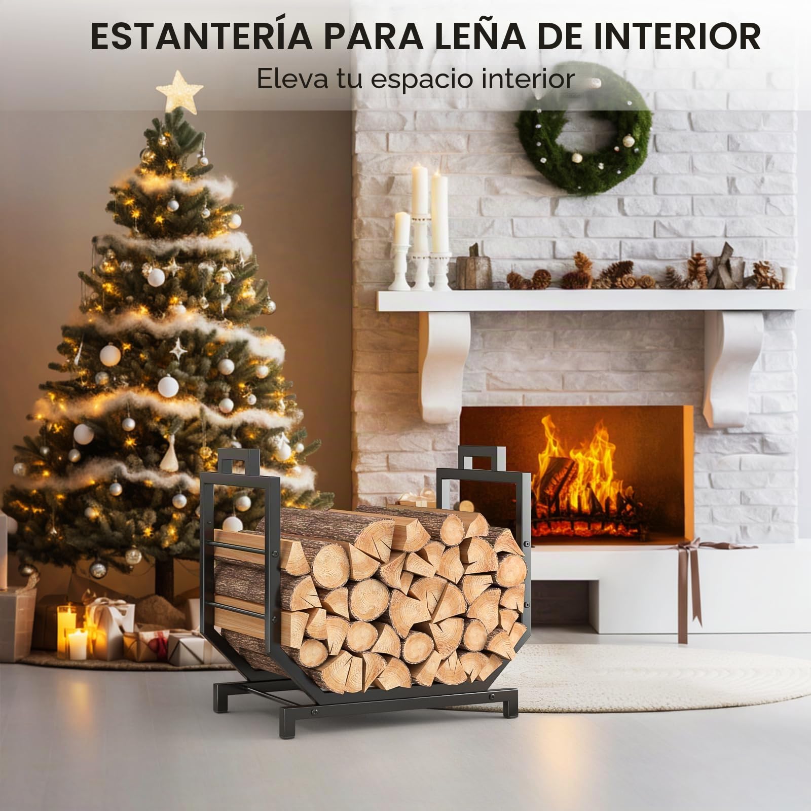 Leñero en Forma de U Reforzado Leñero Interior Exterior Metal 250lbs 4 Patas con Bolsa Transporte para Chimenea Jardín 43x53x33cm Negro Antideslizante
