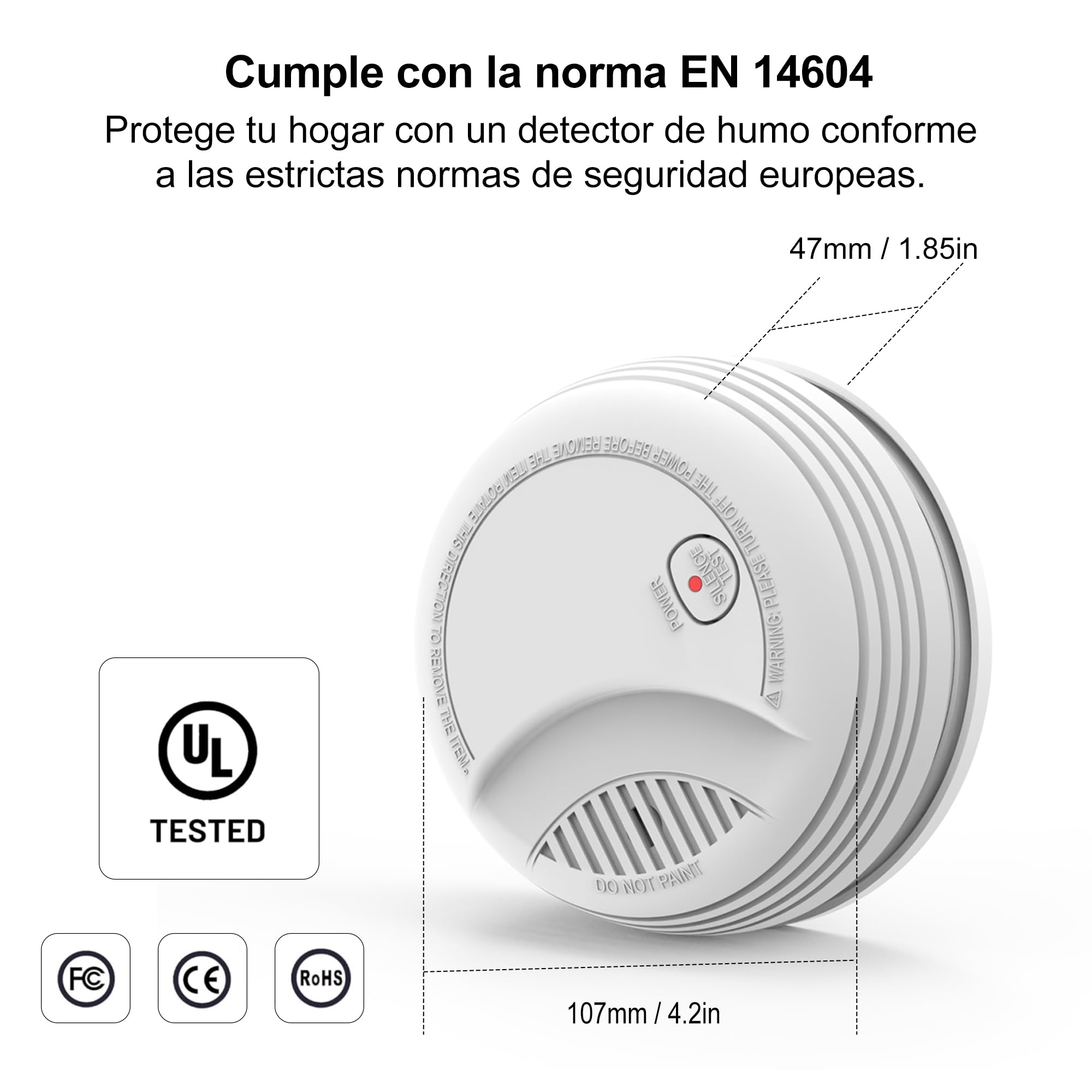 Pack de 4 Detectores de Humo para Casa EN14604 – 85 dB, Pila 9V Reemplazable Incluida, Aviso de Batería Baja, Sin Falsas Alarmas, Función Test y Silencio (4 Piezas)