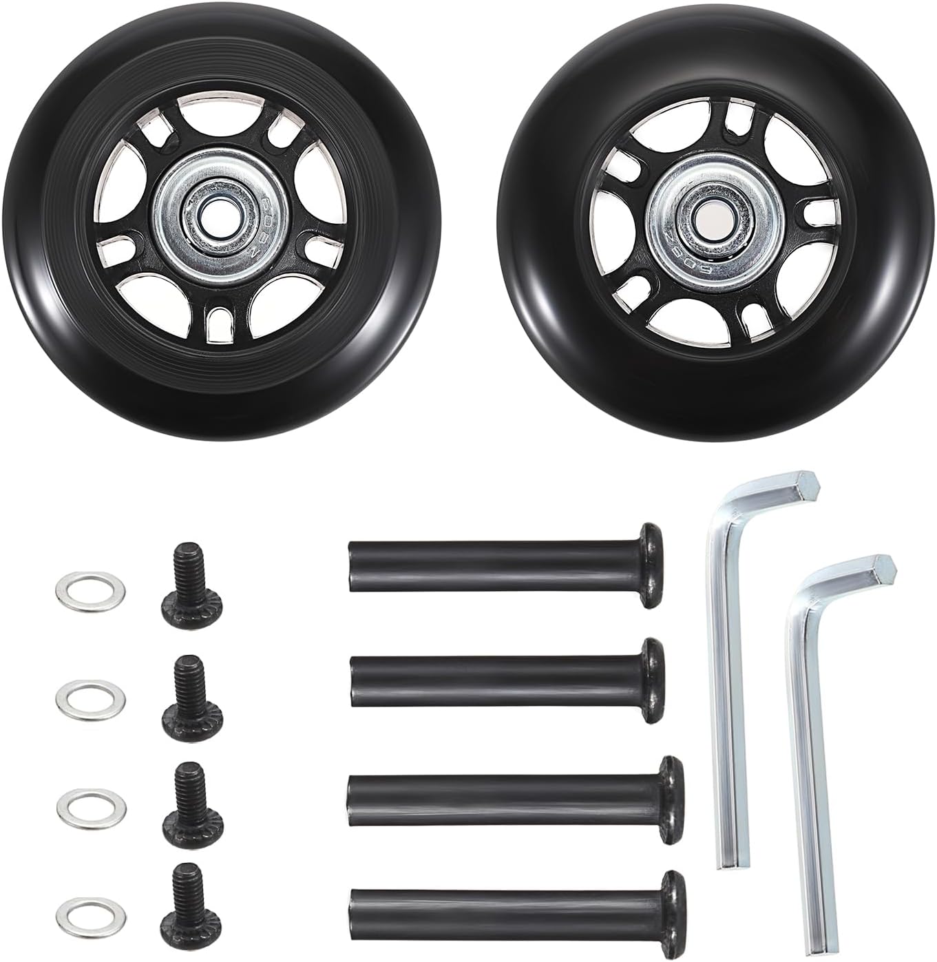 OwnMy 70mm x 23mm Single Luggage Wheels Replacements Kit, Set of 2 Mute Suitcase Replacement Wheels with 36mm/40mm Axles Black Screws Bearings, Rotatable Rubber Luggage Swivel Wheel Kit