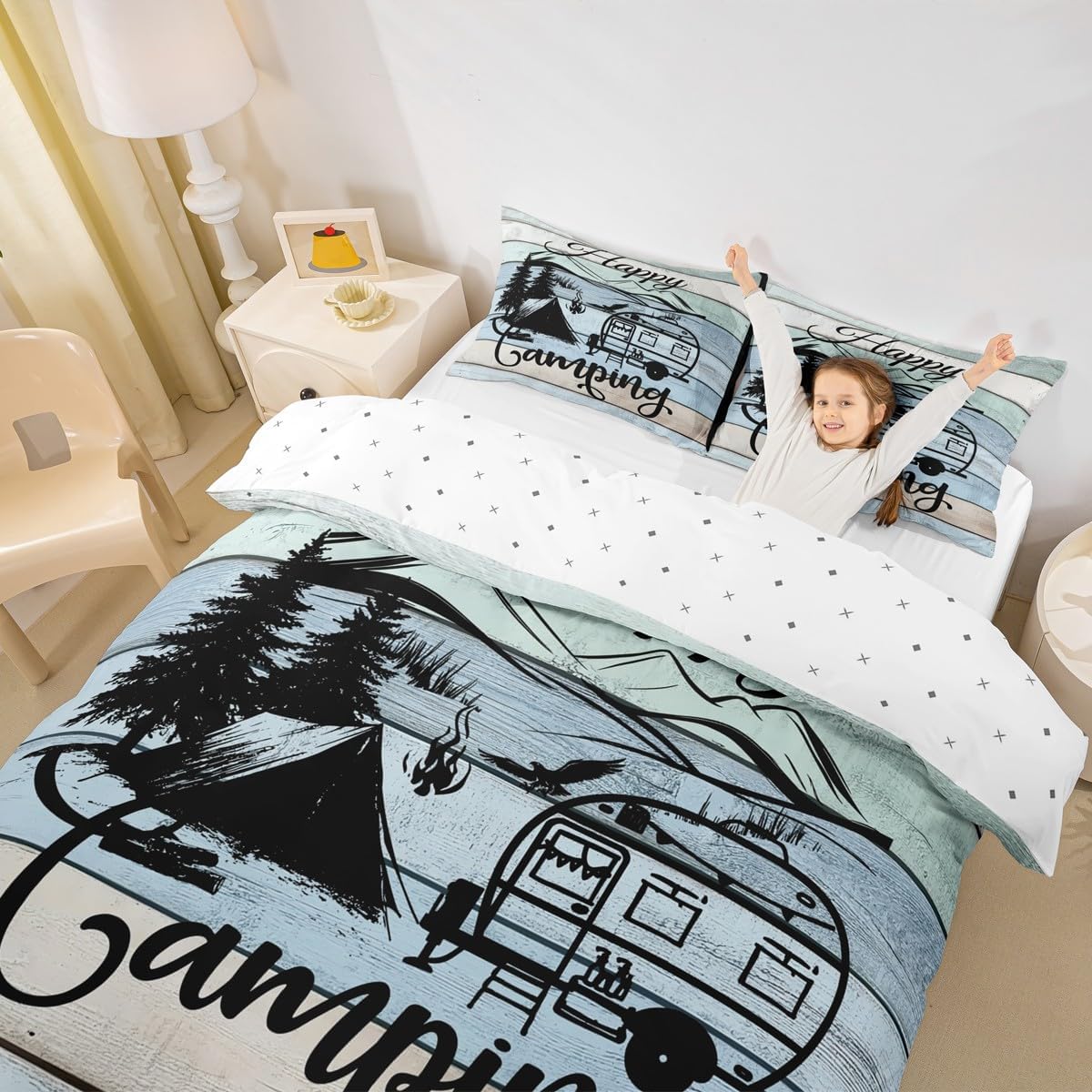Erosebridal Happy Camping Bedding Sets Full Camper Comforter Cover,Rustic Farmhouse Duvet Cover Camping Accessories Bedding Set,RV Car Theme Decor Quilt Cover Colorful Vintage Wooden Bedding image 5