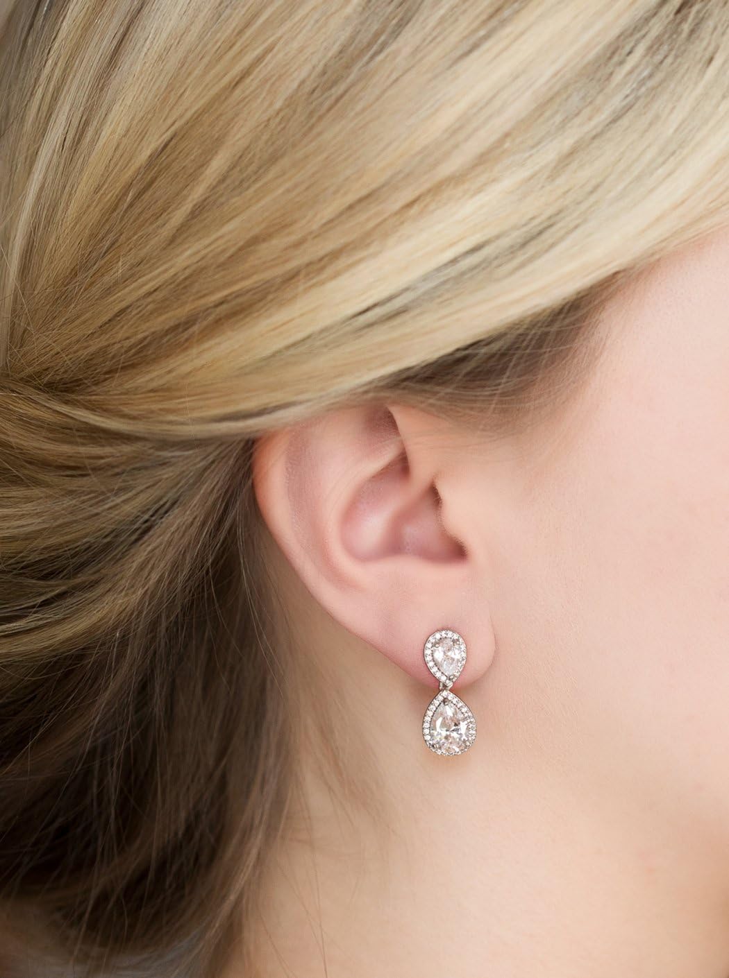 A+O Wedding Bridal Dangle Earrings or Clip on in Silver, Gold, Rose Gold - Image 2