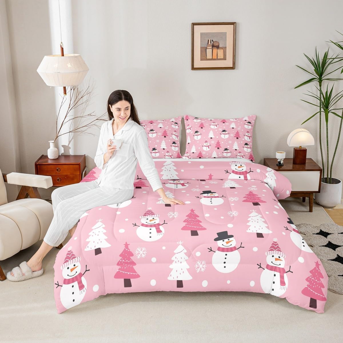 Feelyou Merry Christmas Bedding Set Kids Snowman Comforter Set Twin Size Christmas Tree Snowflake Xmas Theme Pink Duvet Quilt for Women Men Room Decor Breathable Lightweight with 1 Pillow Case 2Pcs