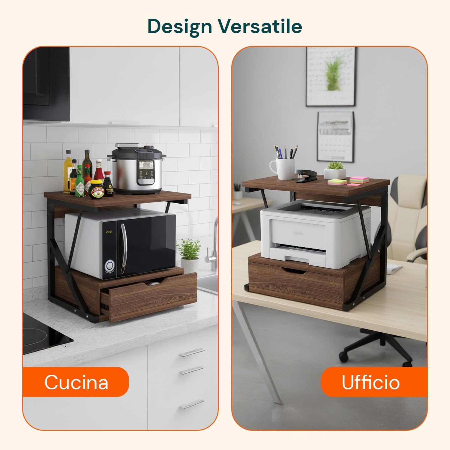 Modern Microwave Kitchen Cabinet with Space-Saving Drawer and Shelf in Wood and Steel for Microwave Oven Air Fryer and Kitchen Shelf