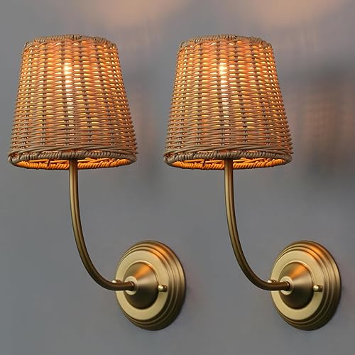 Yosoan Juego de 2 apliques de pared envueltos estilo bohemio de ratán, lámparas de pared vintage tejidas a mano en color dorado para interiores,