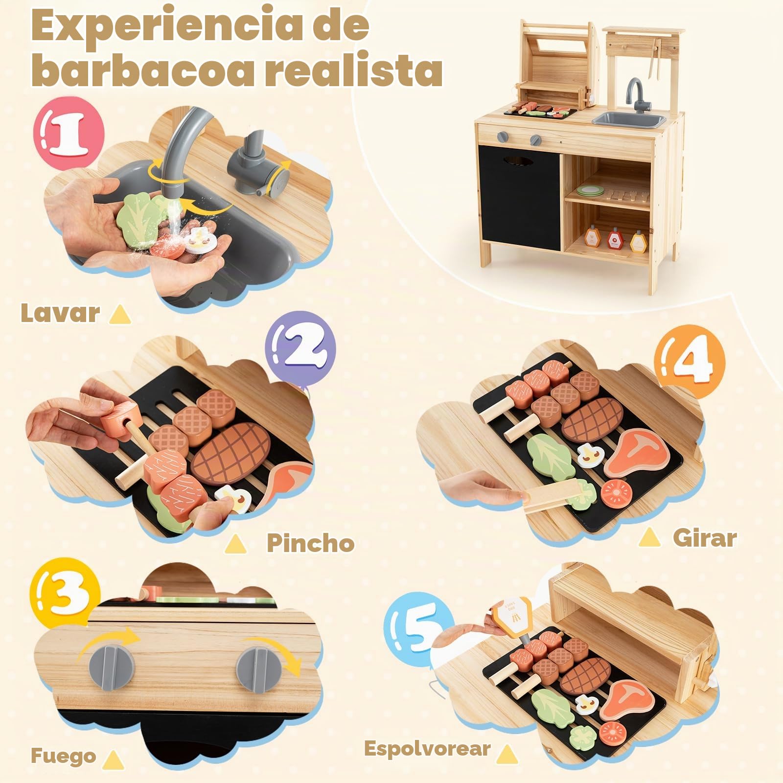 HOMASIS Cocina de Barro Exterior, Juego Infantil con Barbacoa, Parrilla, Mesa, Fregadero, con 27 Accesorios, Cocina de Juguete de Madera de Abeto, para niños de 3+ años, 69x40x90cm, Natural