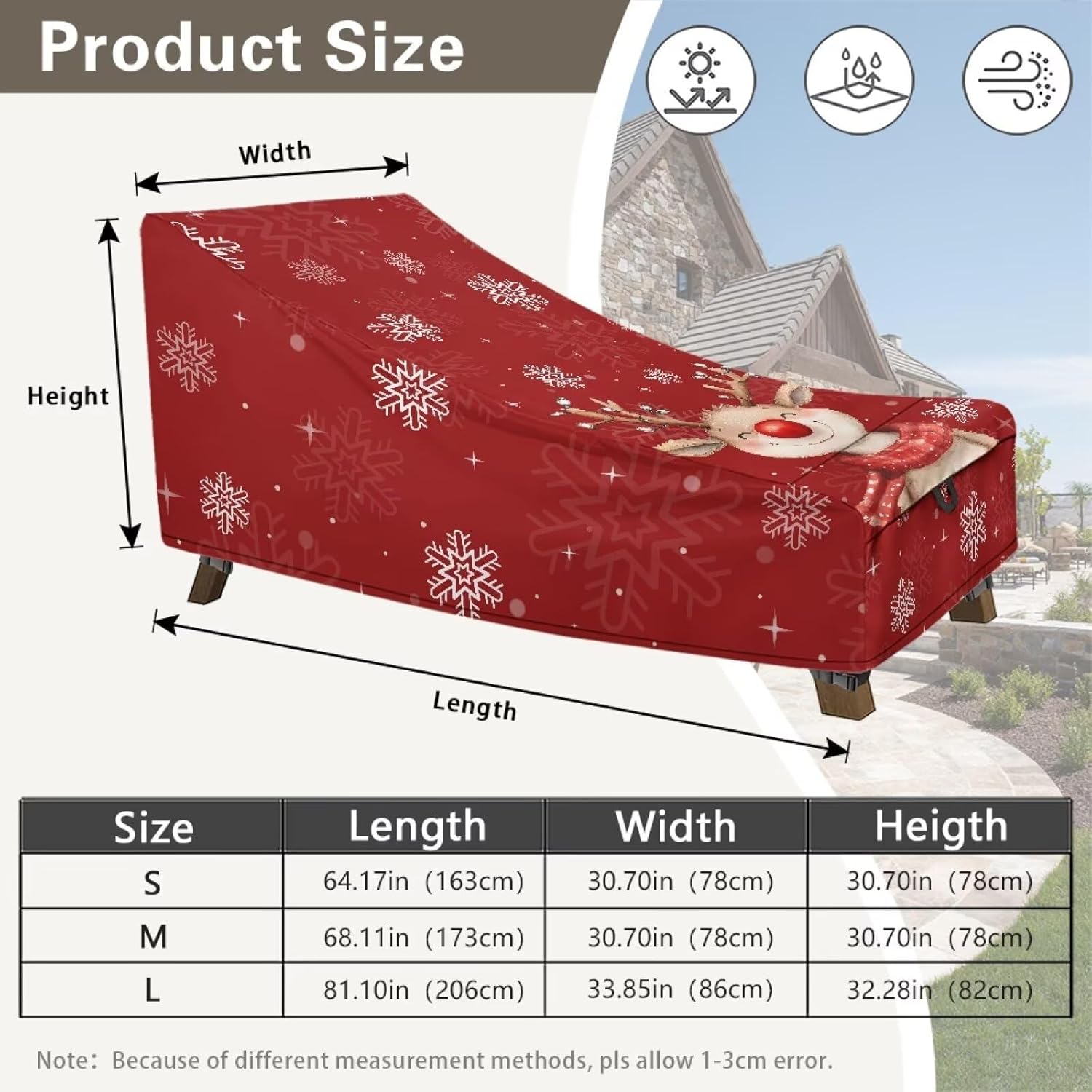 Christmas Reindeer Patio Lounge Chair Cover Heavy Duty Patio Furniture Covers for Pool 68.11" L x 30.7" W x 30.7" UV Resistant and No Tears,Furniture Protector for Chaise Lounge Chair