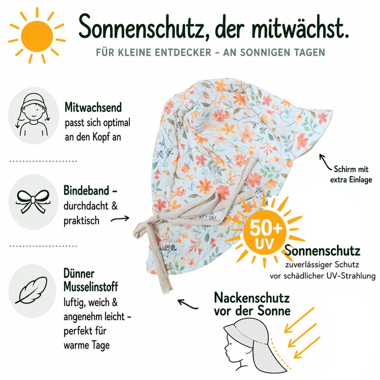 Fuchs & Kiwi Cappello estivo per neonato in mussola – Protezione UV 50+ & traspirante – Cresce insieme – 100% cotone – Oeko-Tex – Cappello da sole per bambini – fatto a mano a Berlino