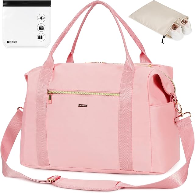 WANDF Cabin Bag 40x20x25 for Ryanair Airlines Underseat Travel Bag with TSA Approved Quart Size Bag & Shoes Bag Holdall Bag Carry on Hand Luggage Weekend Bag for Women and Men (Pink 20L)
