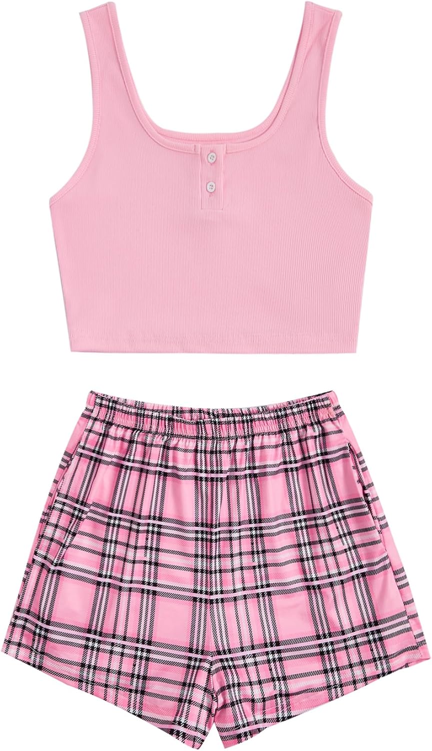 Verdusa Women's 2 Piece Outfits Crop Tank Top and Plaid Shorts Cute Loungewear Pajama Set
