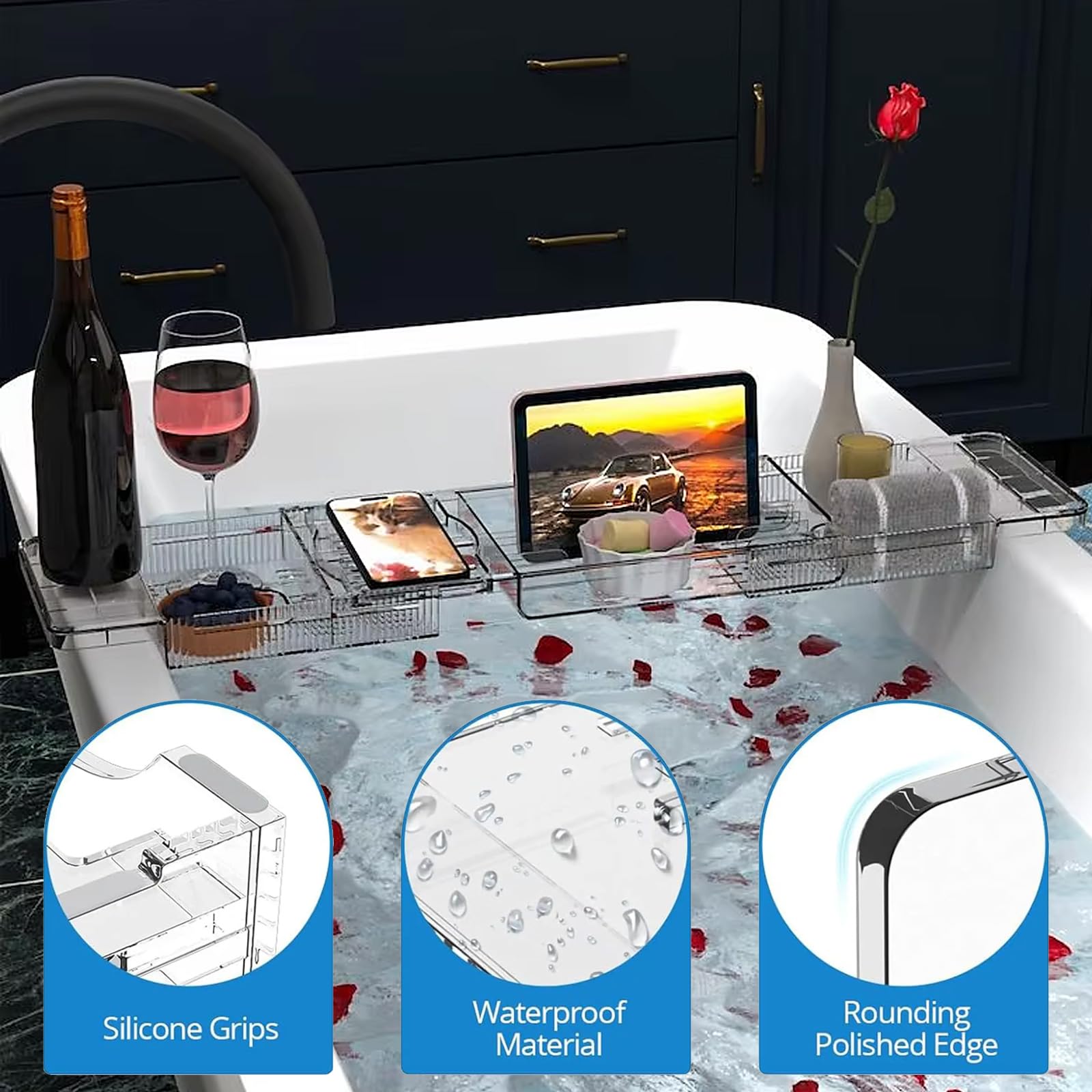Badewannenablage, Badewannenbrett, Badewannentisch Verstellbar | Acryl,mit FäChern Kann Aufgestellt Werden HandtüCher, Tablet, Handy, Rotwein, Geeignet für Privathaushalte Und Hotels