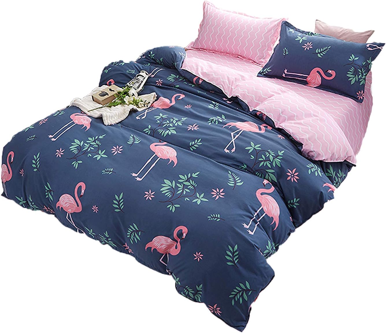Kimko Kids Flamingo Bedding Set- Children Reversible Pink Flamingo Pattern & Dark Blue Cover -4Pcs -1 Duvet Cover Set + 1 Bed Sheet + 2 Pillowcases (# Flamingo, Twin)