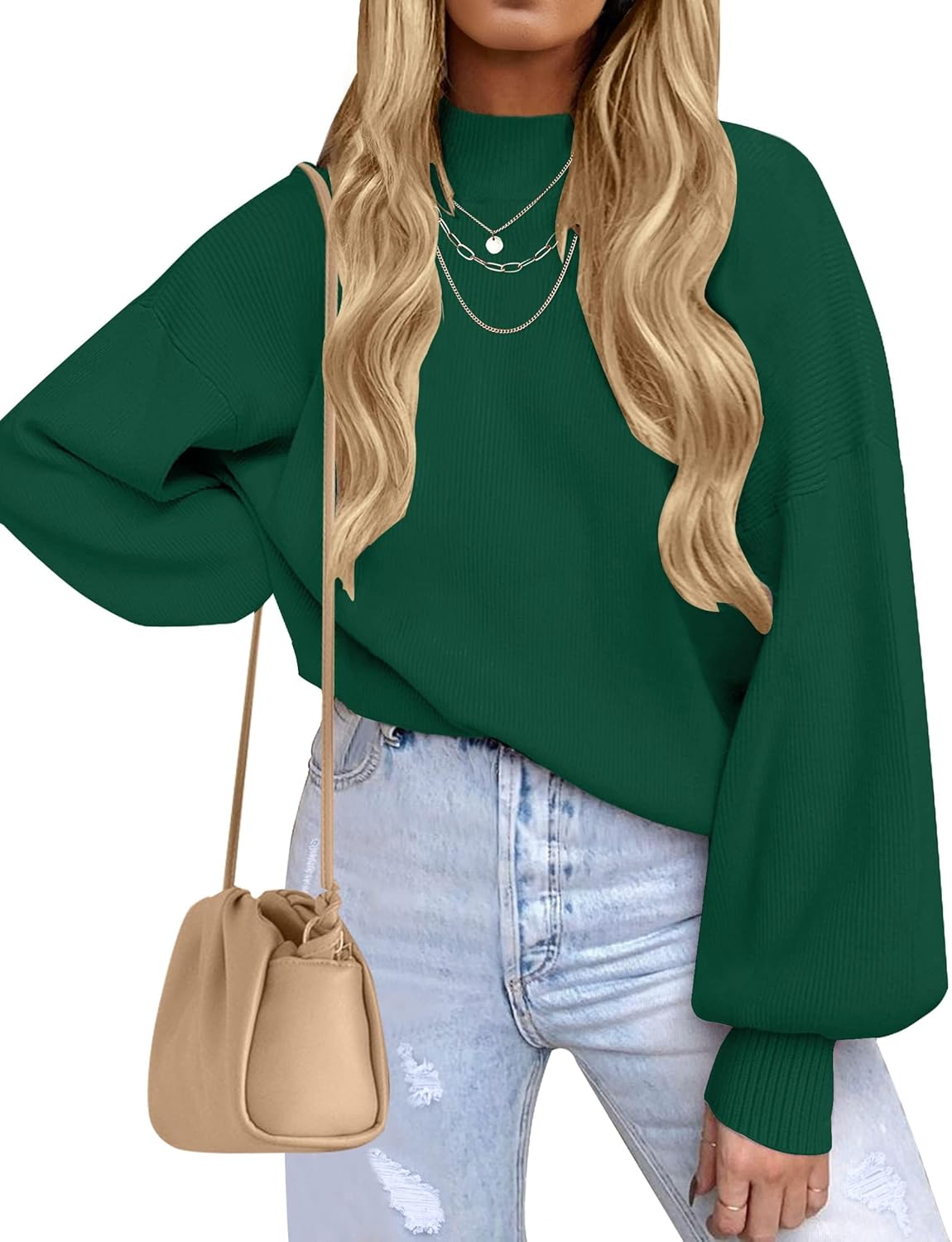 ZESICA Women's Casual Turtleneck Long Lantern Sleeve Fall 2025 Oversized Ribbed Knit Pullover Sweater Jumper Top