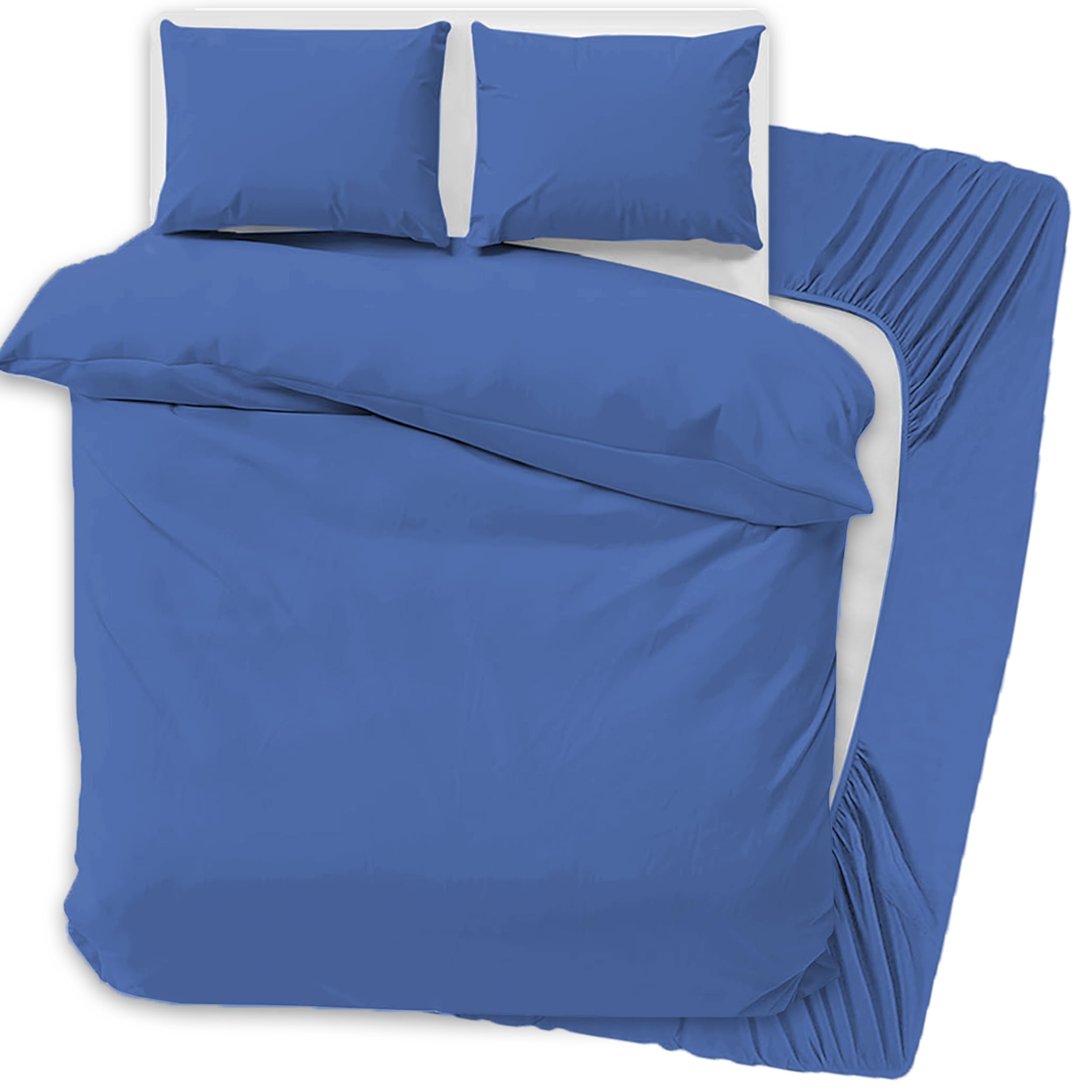 PRIME LINENS 4 Pcs Duvet Cover Set with Matching Fitted Sheet 30 cm Deep - Soft Breathable Premium Microfibre Quilt Cover Bedding Set (Mid Blue, Double)