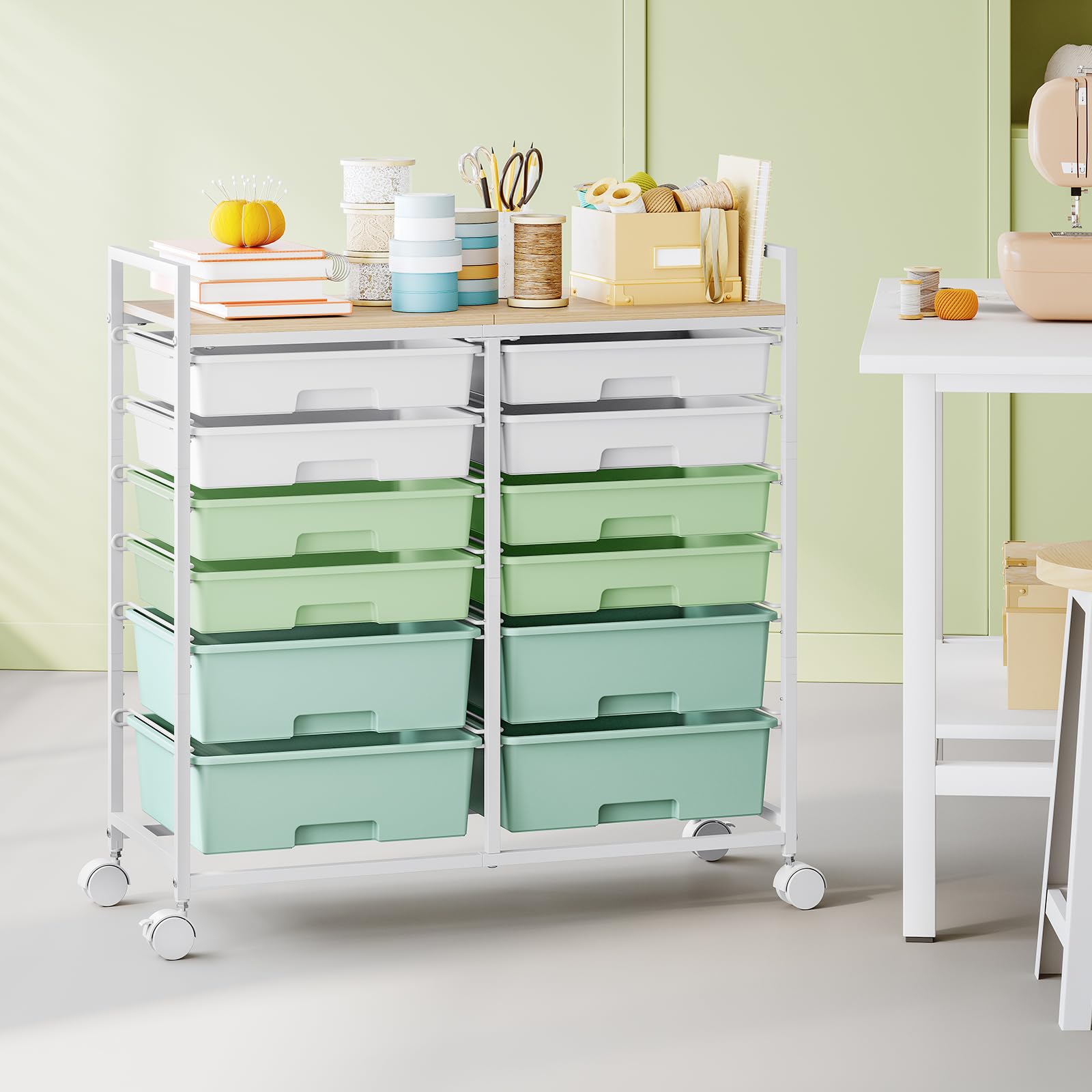 Chariot à 12 tiroirs SYKIARIOL - Rollcontainer - Chariot de rangement pour salle de bain - Chariot polyvalent pour loisirs créatifs, chariot à outils et chariot de rangement avec plan de travail