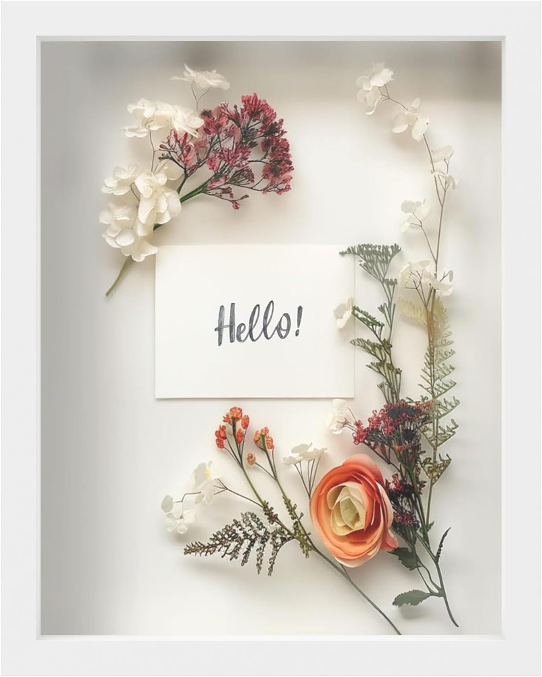 FrameWorks 11” x 14” White Wooden Shadow Box Frame – Display Case with Soft Felt Back, Memory Box with Tempered Glass, Display Box with Elegant White Ball Push Pins, Wooden Flower Box