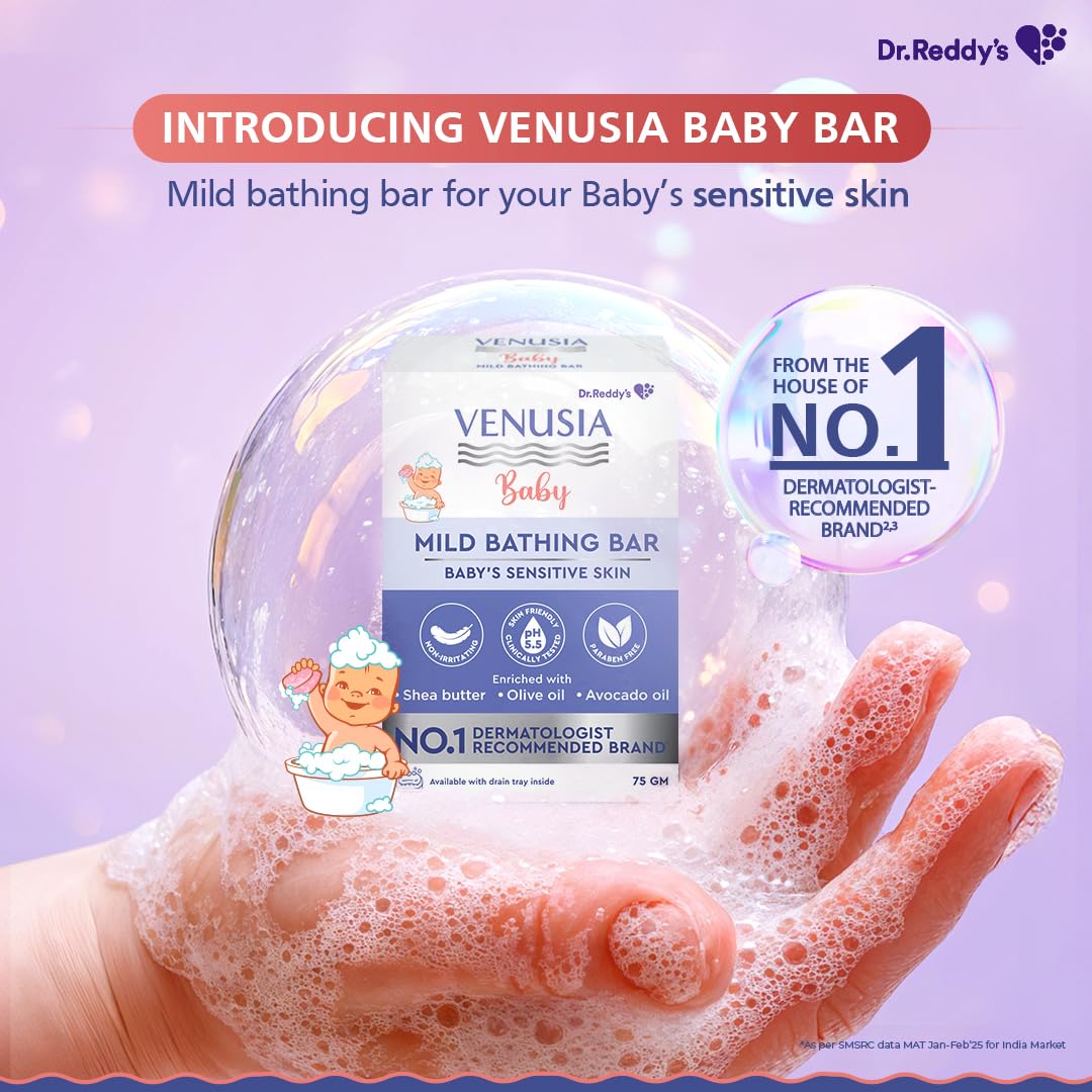 Venusia Baby Mild Bathing Bar | Non-irritating, pH 5.5 and Paraben Free | Enriched with Shea Butter, Olive Oil and Avocado Oil| Dermatologist recommended no 1 brand | 75g 2