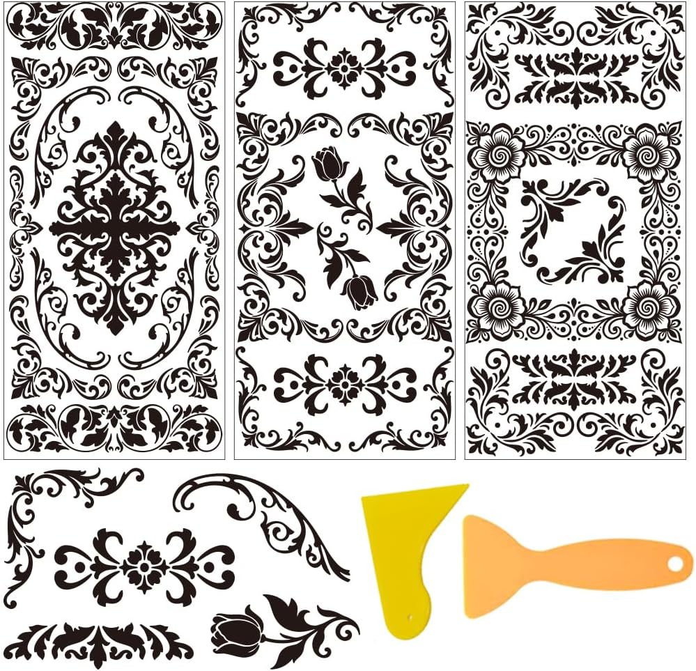 3 Sheets Black Damask Corner Rub on Transfers for Crafts, 12×6in