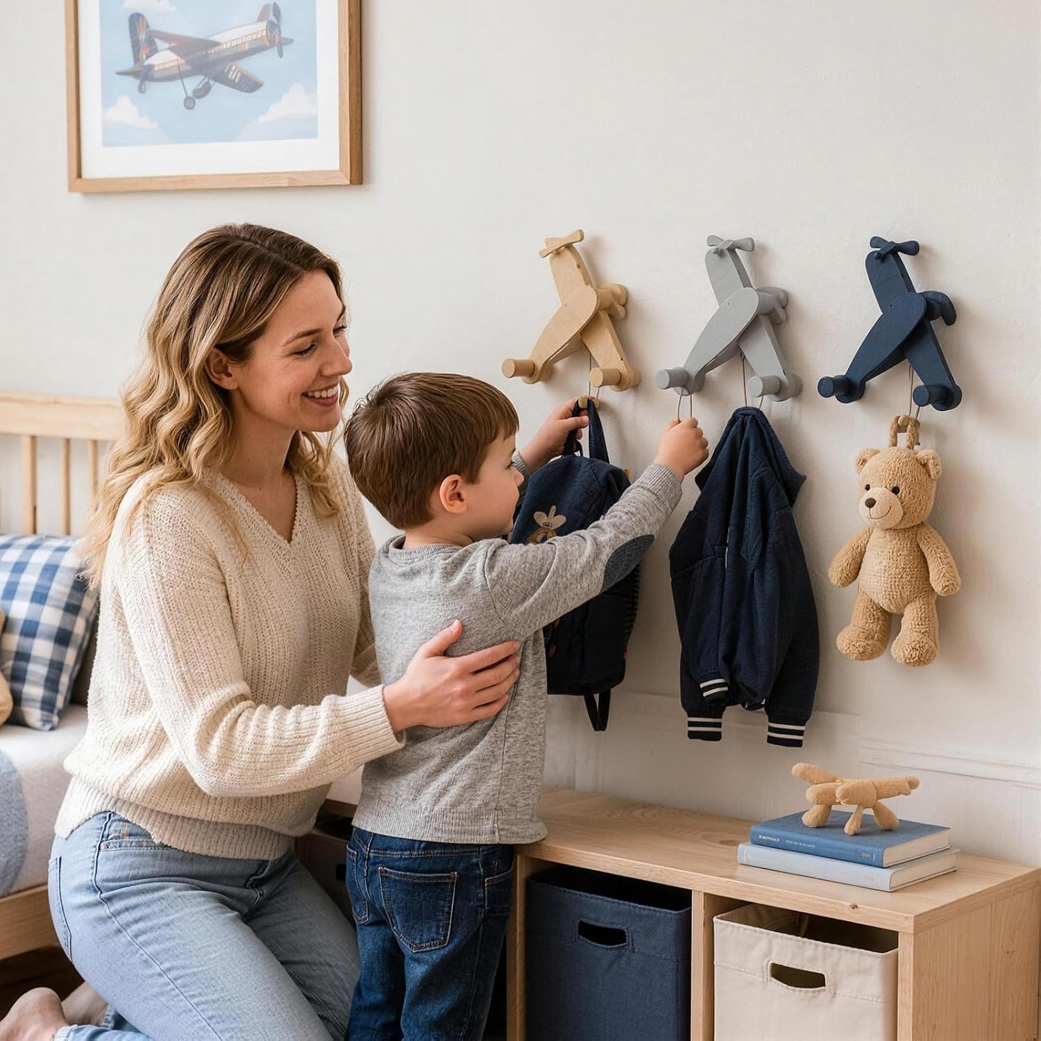 3 Pack Wooden Airplane Propeller Wall Hook Kids Coat Rack for Boy Nursery Toddler Bedroom Playroom Door Hanging Decor Gift