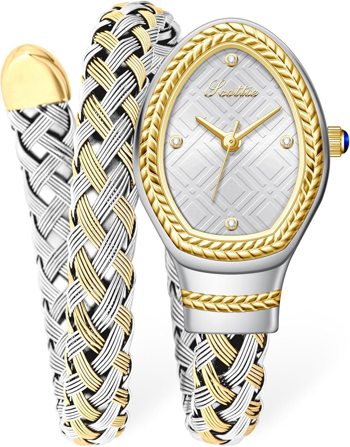 PASOY Fashion Women’s Wrap Bracelet Snake Watch Teardrop Oval Dial, Braided Double-Wrap Bangle, Quartz Analog with Crystal Markers Waterproof Elegant Dress Wristwatch