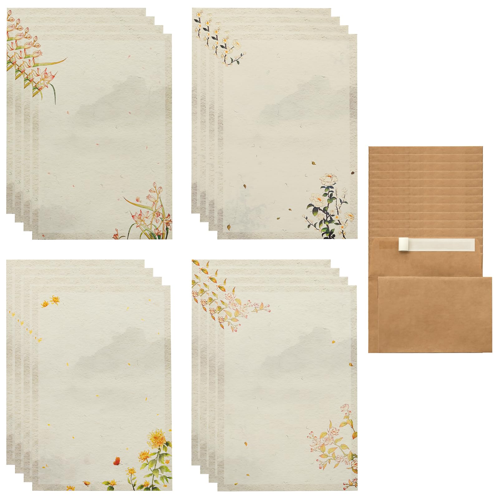 Floral Letter Writing Paper and Envelopes Set, 32 Vintage Stationery Paper Sheets & 16 Kraft Peel & Seal Envelopes, Printer Friendly Letter Writing Sets for Greeting Cards, Party Invitations, Gifts