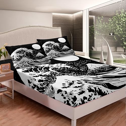 Miniatura 3 de Erosebridal Sábana bajera ajustable tamaño individual, diseño de olas del océano, diseño de montaña Fuji, estilo japonés, juego de ropa de cama con