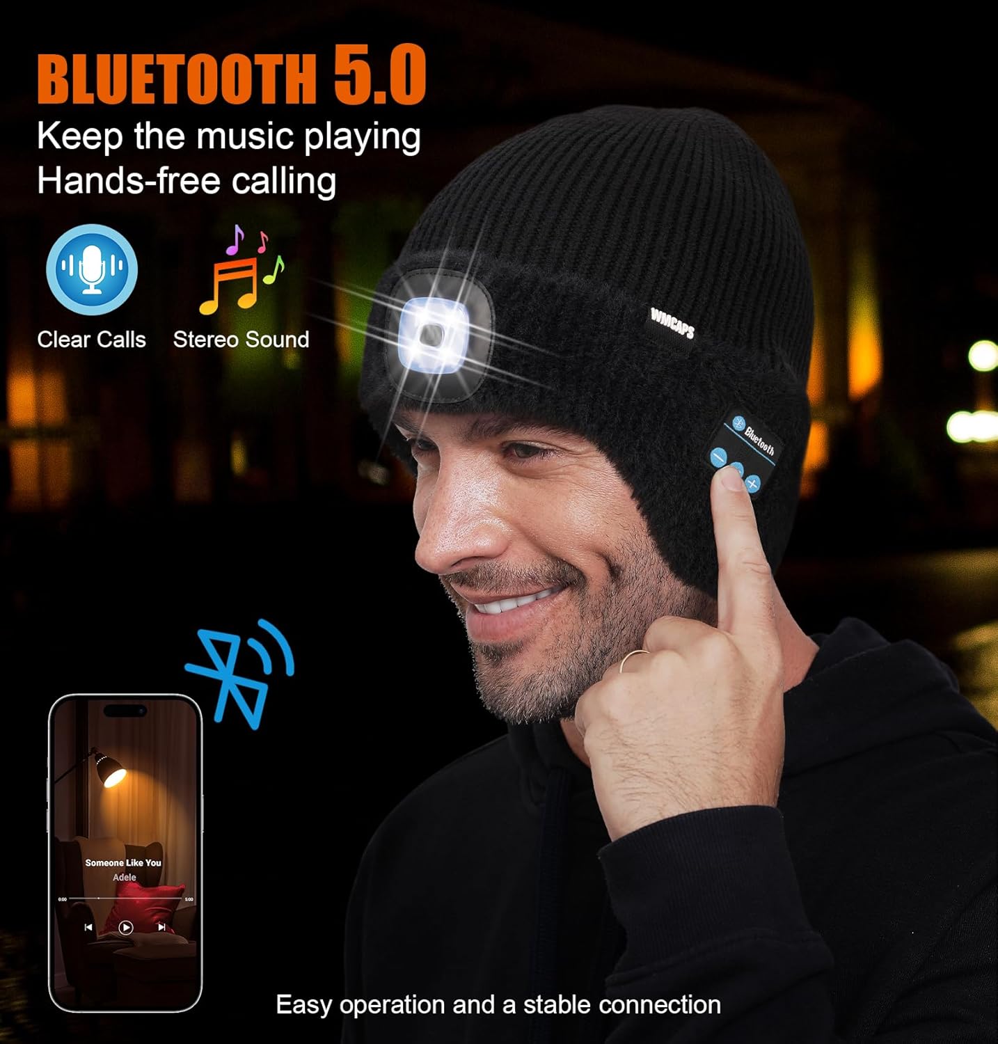 Wmcaps Warm Fleece Lined Bluetooth LED Beanie with Earflap Winter Hat with Light and Headphones Speaker Mic, Gifts for Men - Image 3