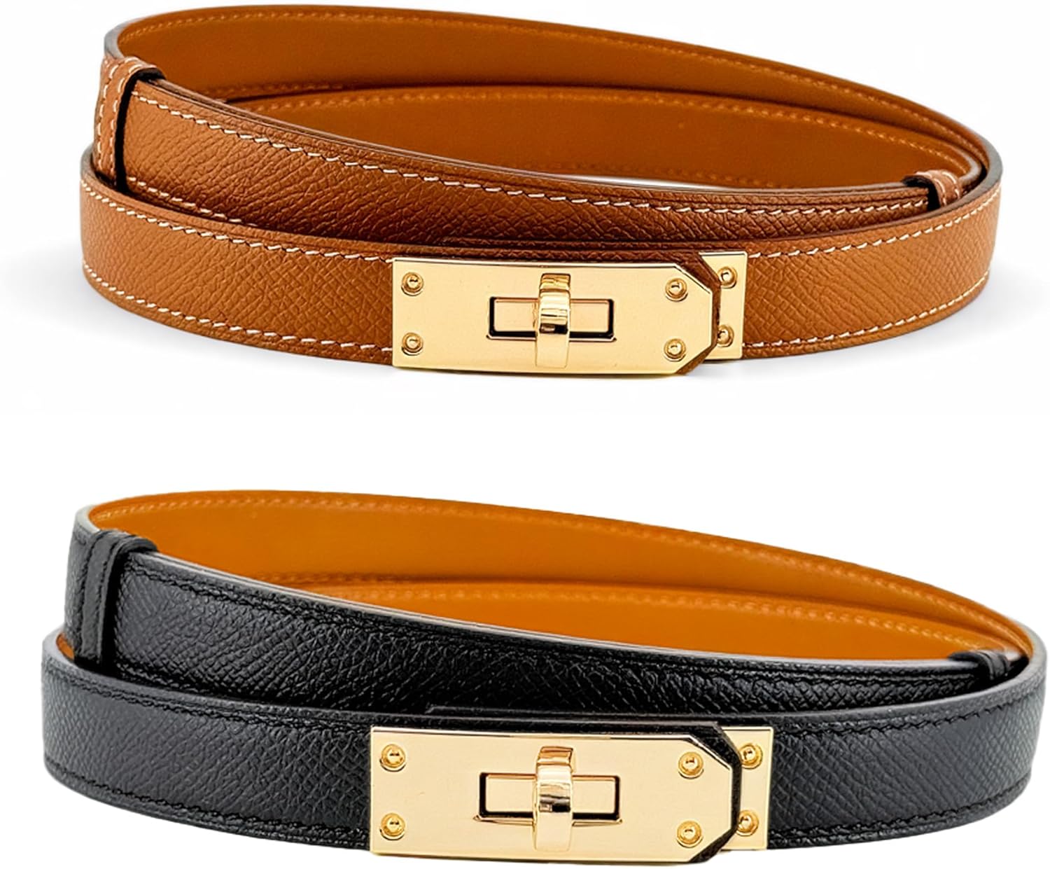 Women's Belts - Adjustable Thin Leather Belt with Gold Turn-Lock Buckle, Stylish for Dresses and Jeans (2-Pack/Black+Brown)