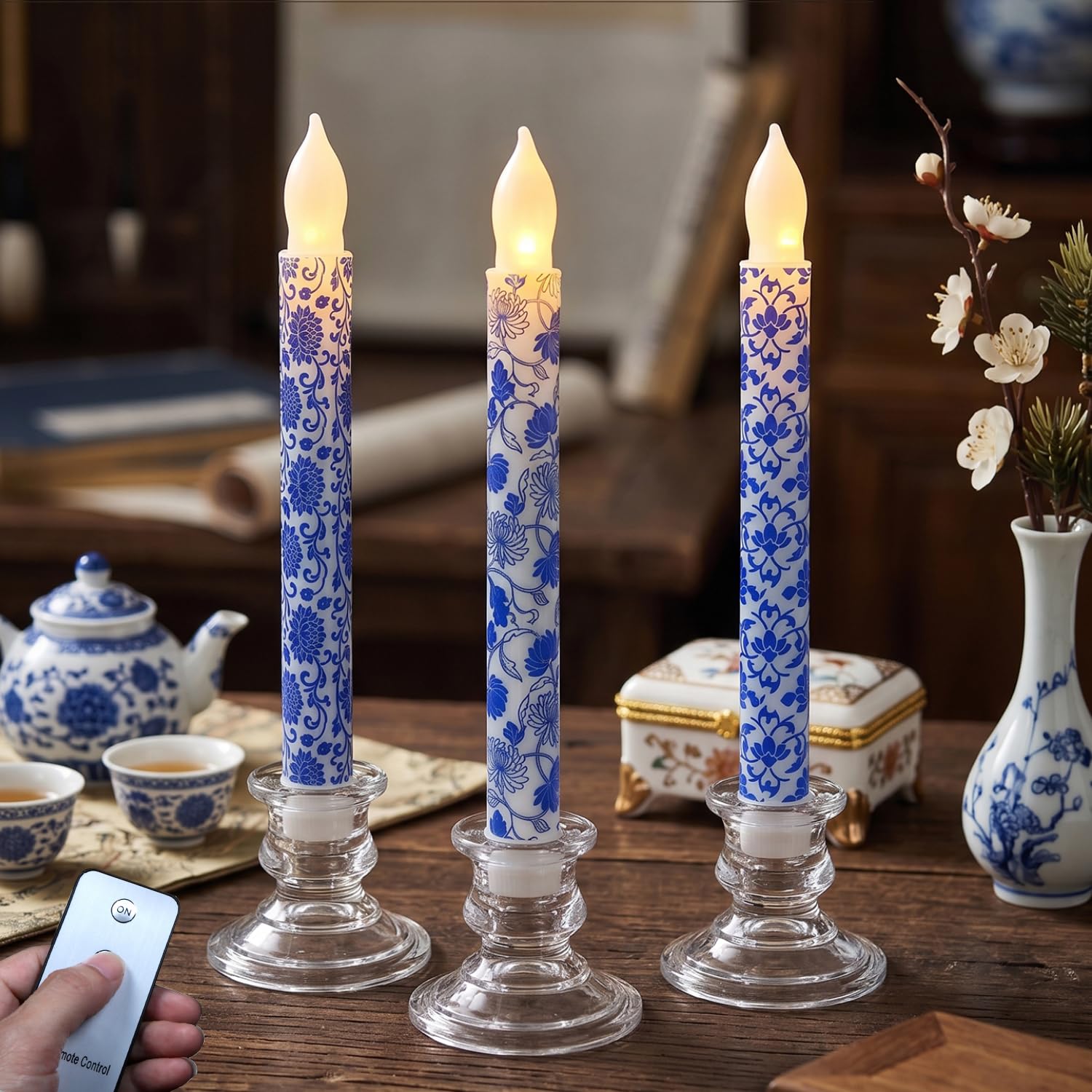 ONEIHOMM 3Pcs Chinoiserie Flameless Candles 8.3 Inch Blue and White Battery Operated Led Candlesticks Chinoiserie Decor Porcelain for Holiday Wedding Party Table Centerpiece Home Decor