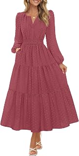 Women's Fall Long Sleeve Maxi Dress 2025 Boho Ruffle Tiered Swiss Dots Wedding Guest Cocktail Long Dresses